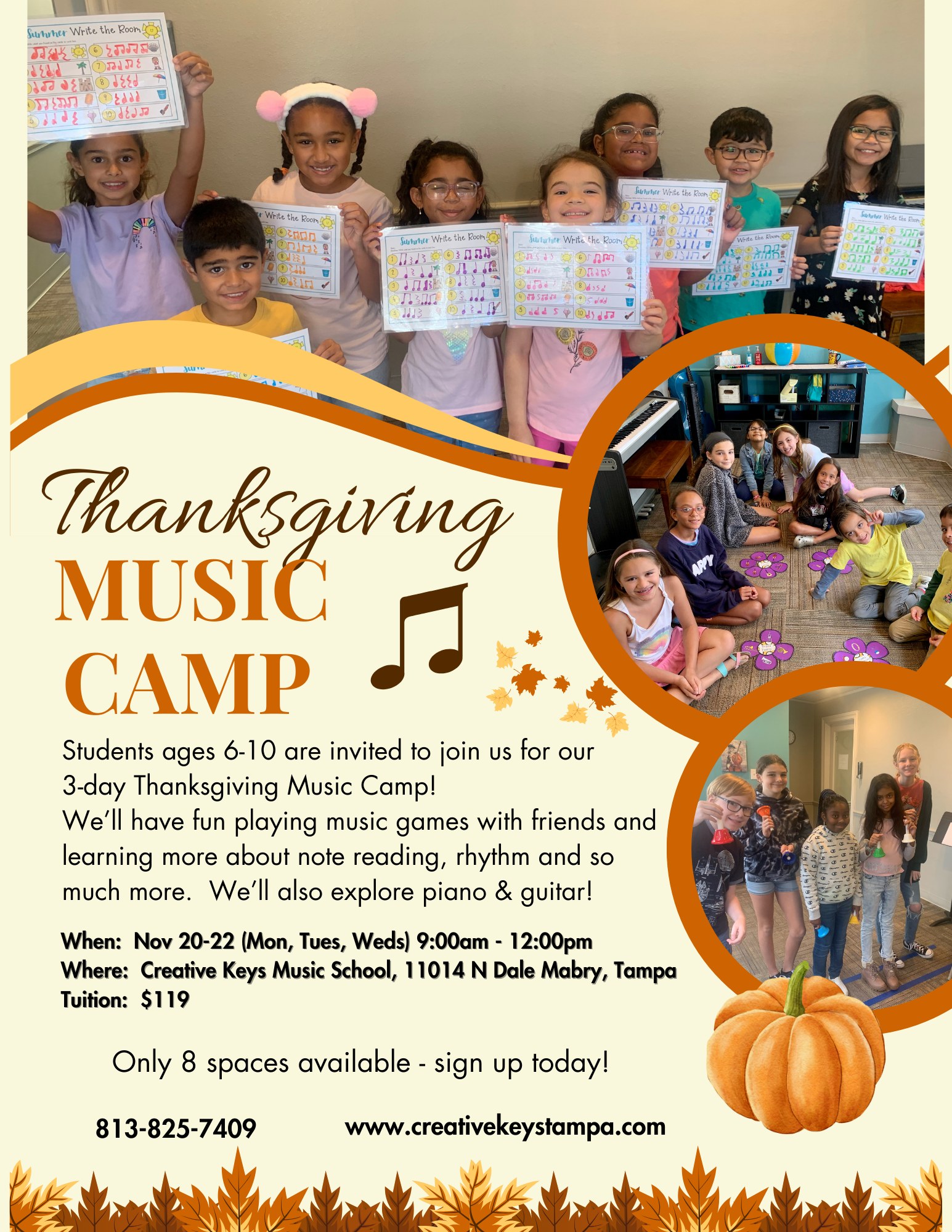 thanksgiving music camp flyer carrollwood tampa piano guitar fun